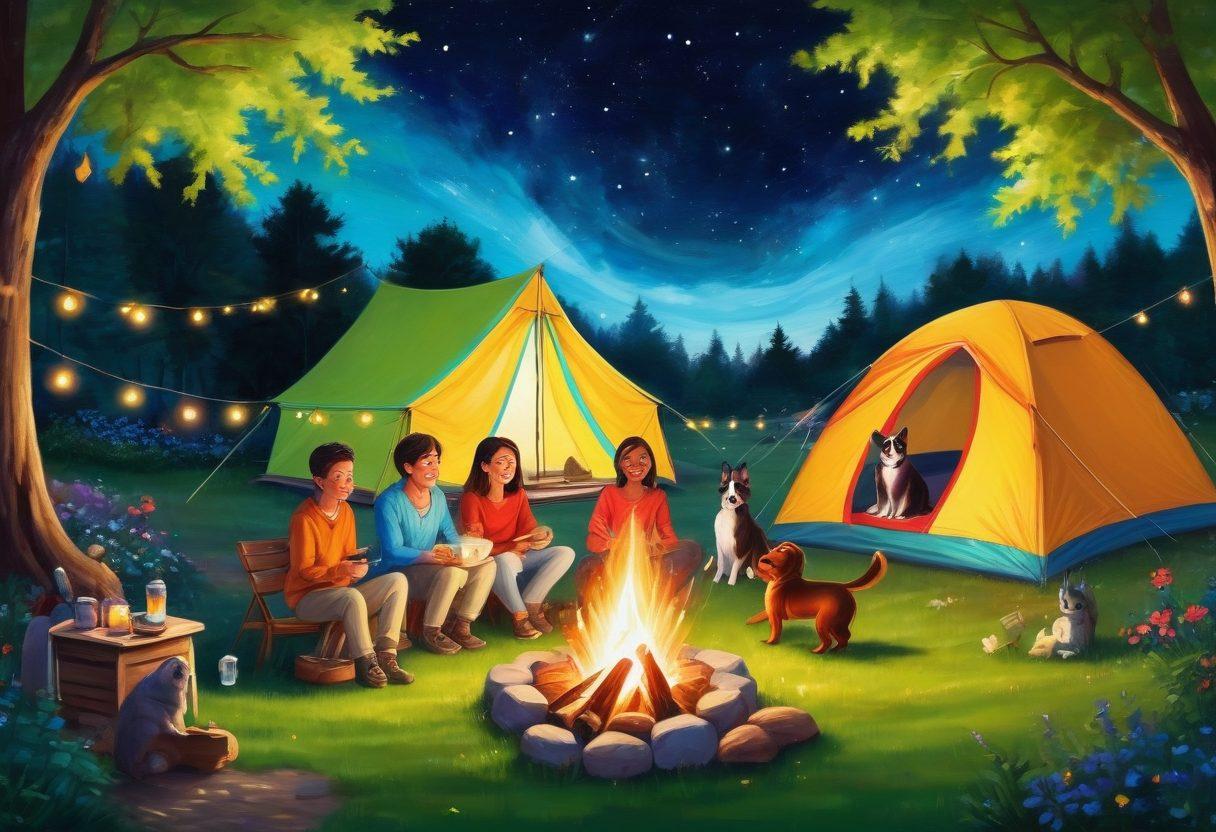 A picturesque campsite scene featuring cheerful families and friends around a cozy campfire, roasting marshmallows under a starlit sky. Lush green trees in the background and a colorful tent set up nearby, emphasizing the joy of togetherness and nature. Add whimsical elements like fireflies dancing in the air and a playful dog running around. The overall atmosphere should be warm and inviting, radiating happiness and connection. painting. vibrant colors.