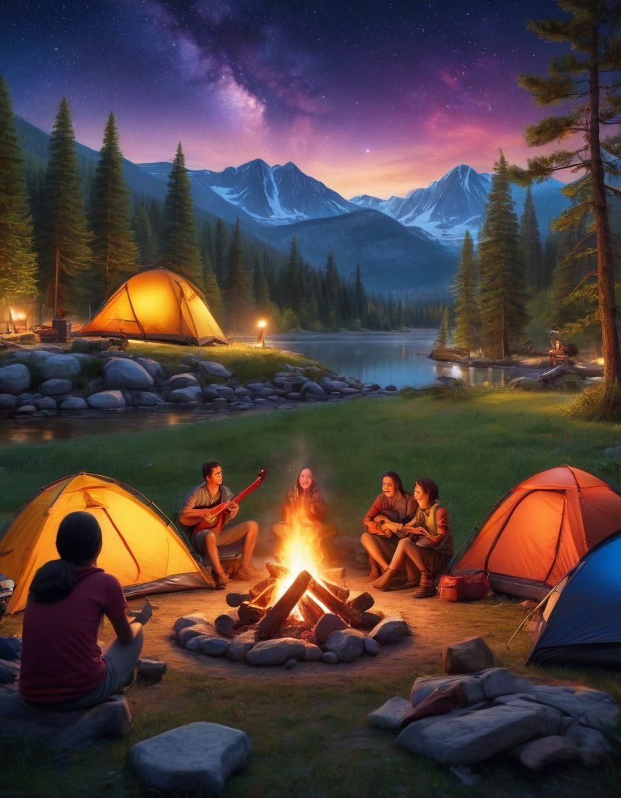 A lively camping scene showcasing a diverse group of happy campers around a vibrant bonfire, with colorful tents and a starry sky in the background. Include elements like a guitar, s'mores, and laughter-filled faces. Capture the essence of joy in nature, with trees and mountains framing the scene. super-realistic. vibrant colors. warm lighting.