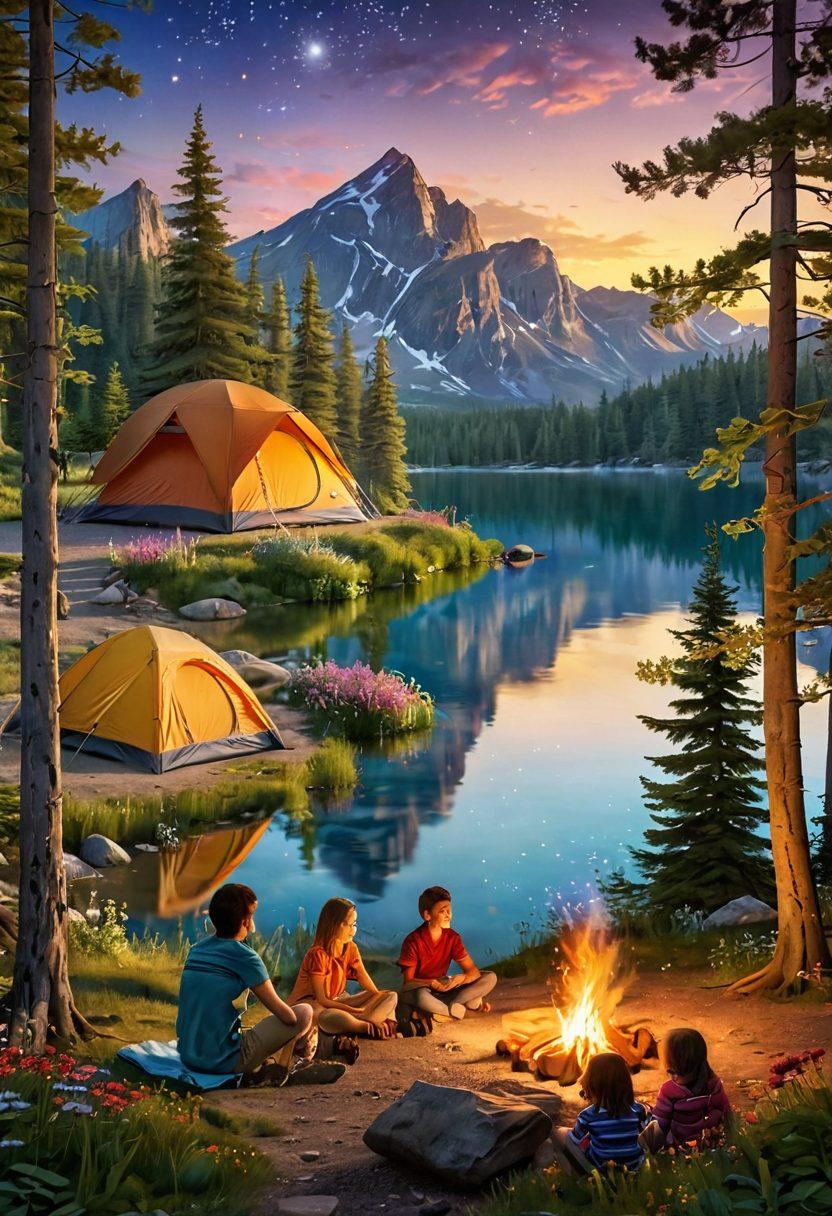 A picturesque camping scene featuring a happy family setting up a colorful tent in a lush green forest, surrounded by majestic mountains and a sparkling lake. Happy children playing with a frisbee nearby, a campfire crackling, and a starry sky emerging as the sun sets. Wildflowers swaying in the gentle breeze and soft rays of golden sunlight filtering through the trees. vibrant colors. super-realistic. 3D.